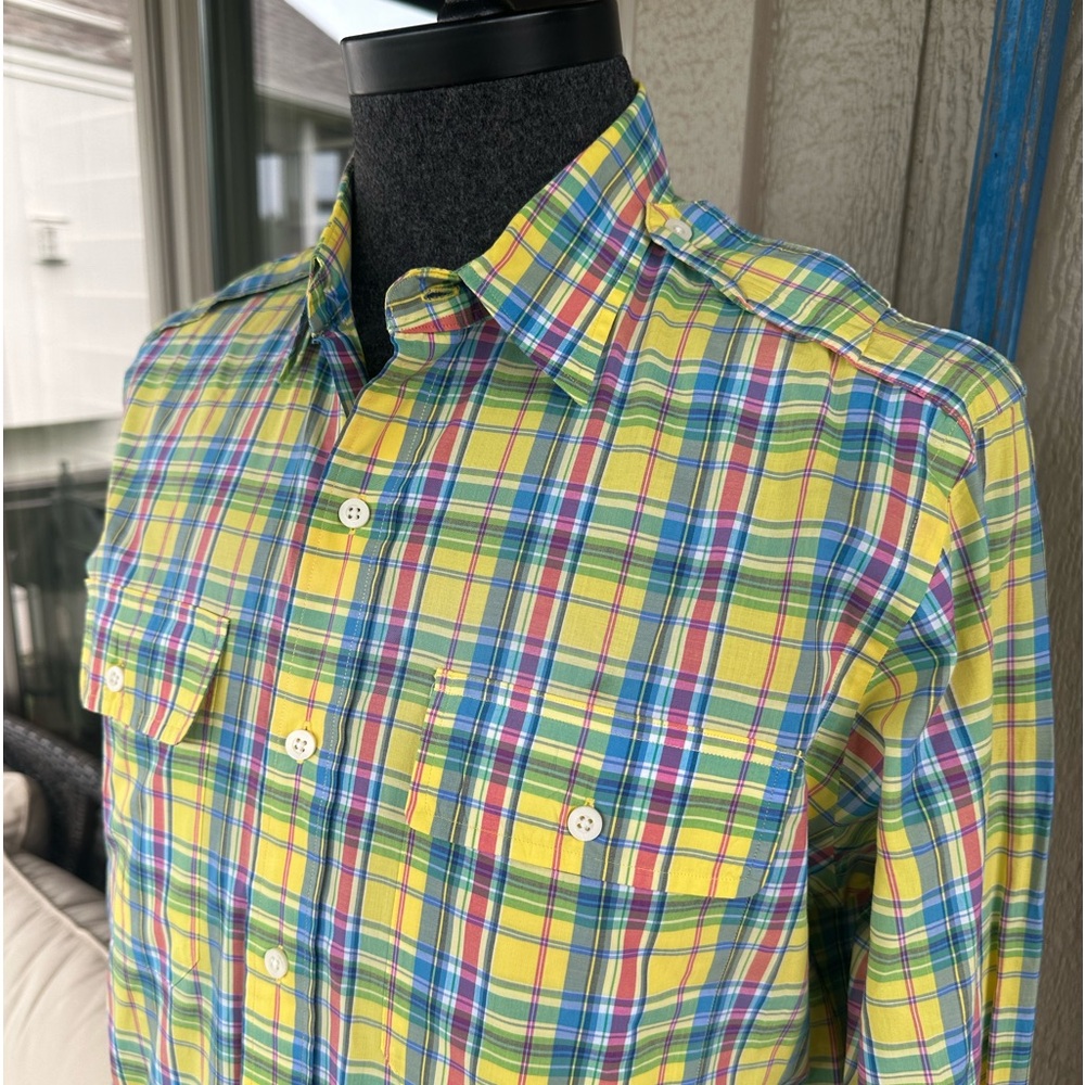 POLO Ralph Lauren Men’s Yellow & Blue Plaid LS Shirt with Epaulets - Size MED - Picture 3 of 12